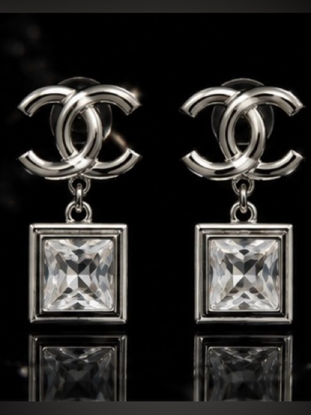 Silver Tone Crystal Drop Earrings Square Rhinestone Statement Dangle